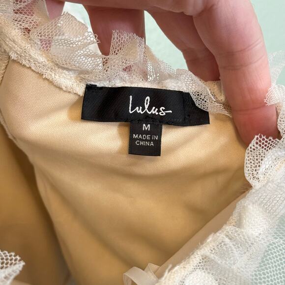 Lulus Bustier Crop Top M Beige In the Spotlight Polka Dot Mesh Ruffle Sweetheart - Picture 7 of 8